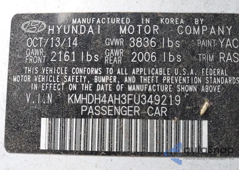 2015 Hyundai Elantra Sport z USA, uszkodzony, nr VIN KMHDH4AH3FU349219